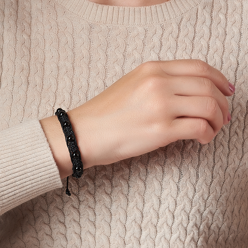 Браслет агат черный Бразилия (текстиль) шамбала 6 мм 16 см (регулируемый)