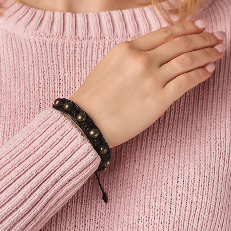 Браслет пирит Перу (текстиль) шамбала 8 мм 17 см (регулируемый)