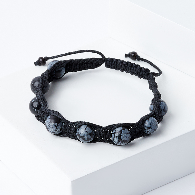 Браслет обсидиан снежный США (текстиль) шамбала 8 мм 19 см (регулируемый)