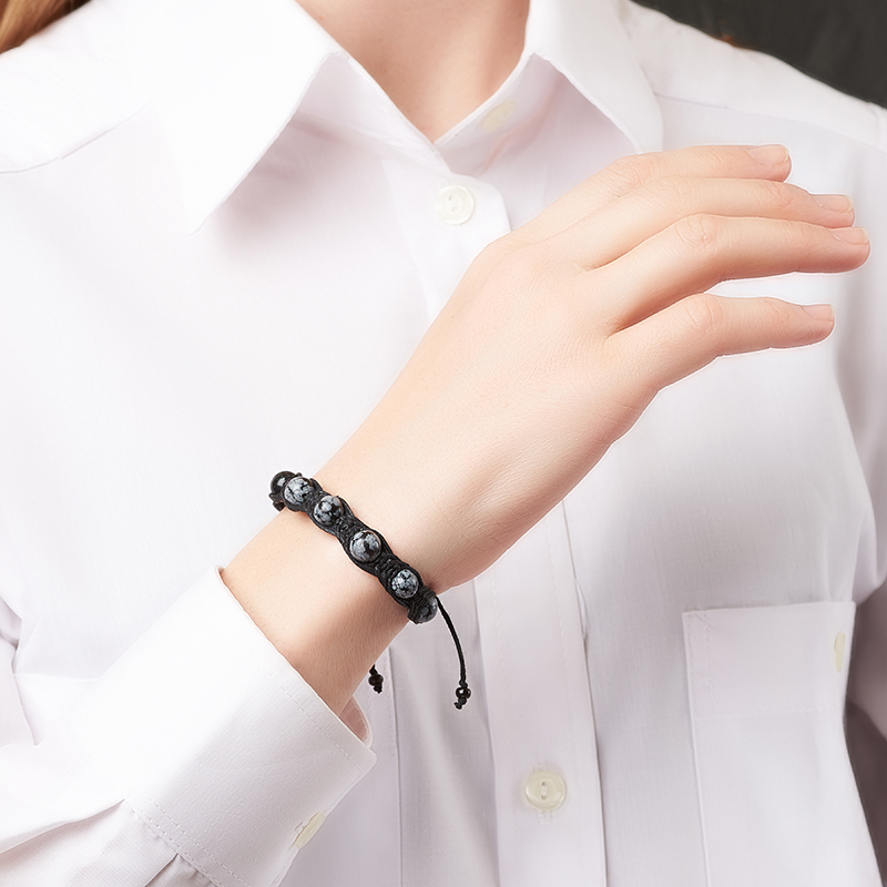 Браслет обсидиан снежный США (текстиль) шамбала 8 мм 19 см (регулируемый)