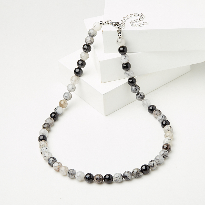 Бусы кварц с турмалином Бразилия (сталь хир.) 8 мм 46 см (+7 см)