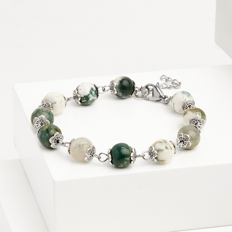 Браслет агат древесный Индия (сталь хир.) 8 мм 17 см (+3 см)