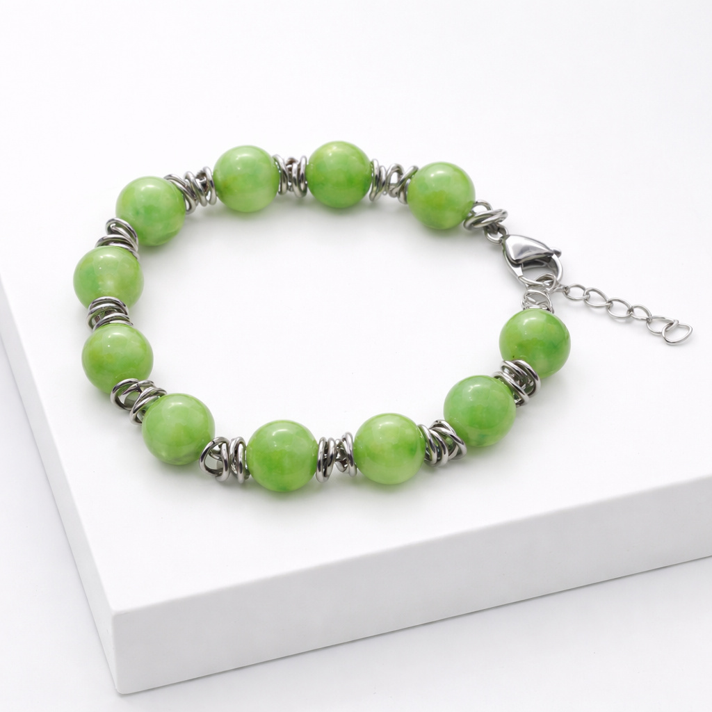 Браслет оникс мраморный зеленый Пакистан 10 мм 18 см (+3 см) (сталь хир.)