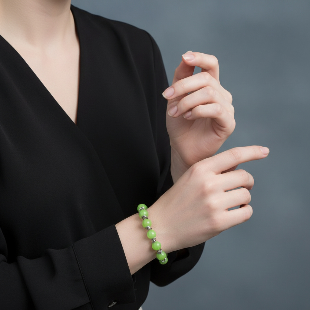 Браслет оникс мраморный зеленый Пакистан 10 мм 16 см (+3 см) (сталь хир.)