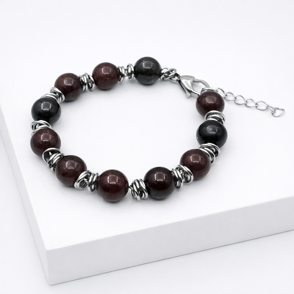 Браслет гранат альмандин Индия 10 мм 16 см (+3 см) (сталь хир.)