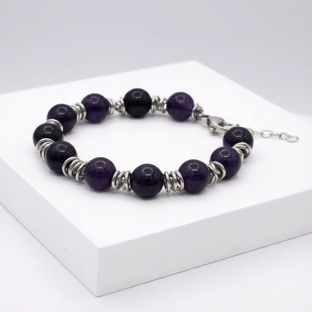 Браслет аметист Бразилия (сталь хир.) 10 мм 18 см (+3 см)