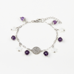 Браслет микс аметист, перламутр (сталь хир.) 17 см (+3 см)