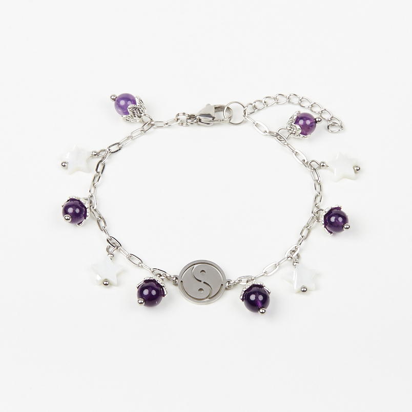 Браслет микс аметист, перламутр (сталь хир.) 17 см (+3 см)