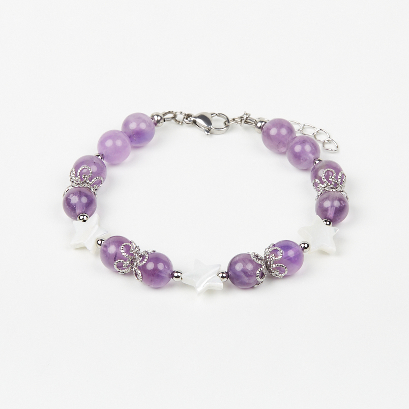 Браслет аметист Бразилия 8 мм 17 см (+3 см) (сталь хир.)