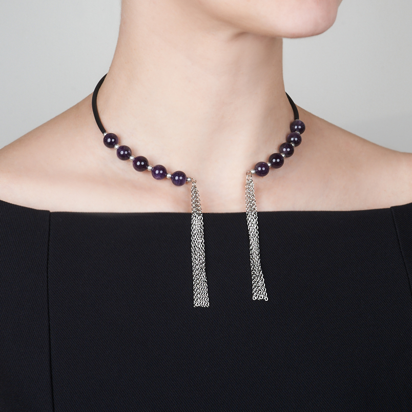 Бусы аметист Бразилия (биж. сплав, сталь хир., силикон) (колье) 10 мм (регулируемый)