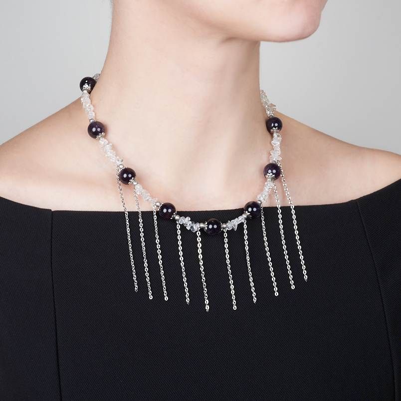 Бусы микс аметист, горный хрусталь (колье) 46 см (+7 см) (сталь хир.)