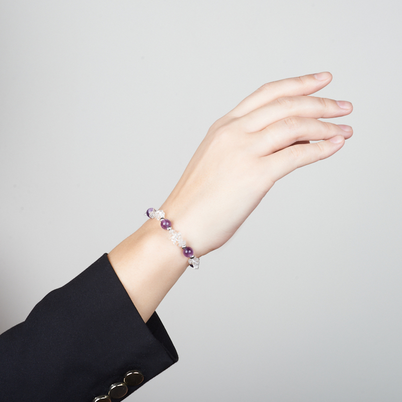 Браслет микс аметист, горный хрусталь (сталь хир.) 17 см