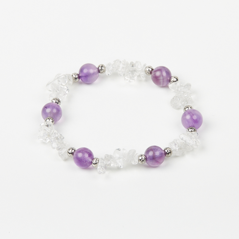 Браслет микс аметист, горный хрусталь (сталь хир.) 8 мм 18 см