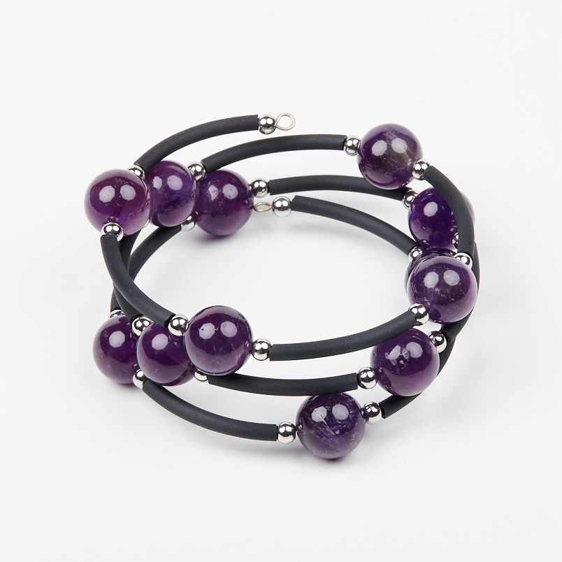 Браслет аметист Бразилия (биж. сплав, сталь хир., силикон) пружина 12 мм 16 см (регулируемый)
