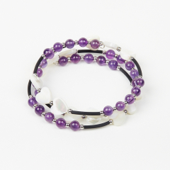 Браслет микс аметист, перламутр (биж. сплав, сталь хир., силикон) пружина 17 см (регулируемый)