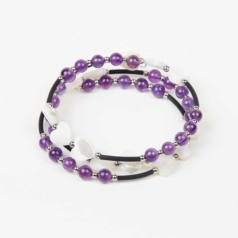 Браслет микс аметист, перламутр (биж. сплав, сталь хир., силикон) пружина 17 см (регулируемый)