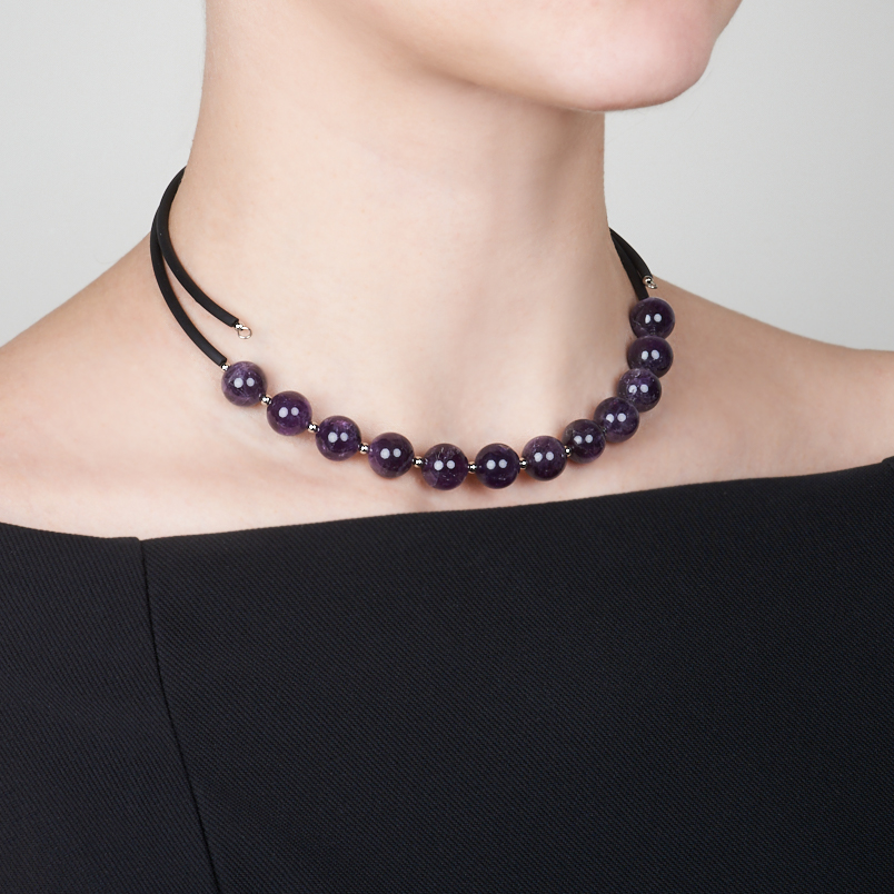 Бусы аметист Бразилия (биж. сплав, силикон) (колье) 12 мм (регулируемый)