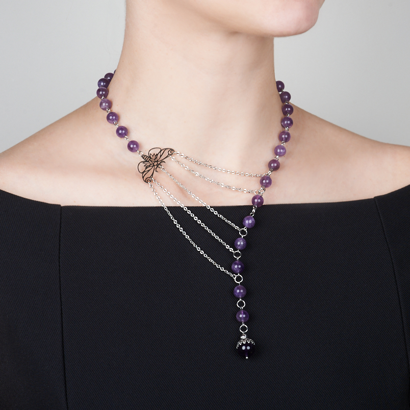 Бусы аметист Бразилия (сталь хир.) (колье) длинные 42 см (+7 см)