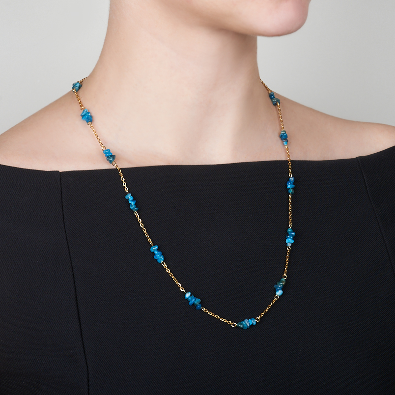 Бусы апатит синий Бразилия (цепочка) длинные 64 см (сталь хир. позолота, биж. сплав позолота)