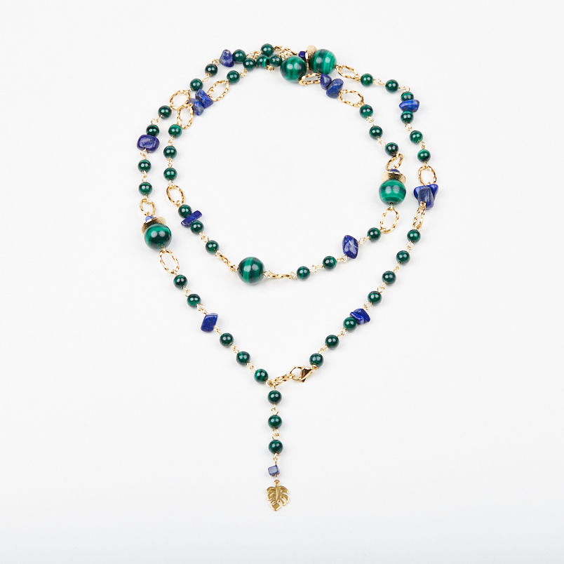 Бусы микс лазурит, малахит (биж. сплав позолота, сталь хир. позолота) длинные 82 см