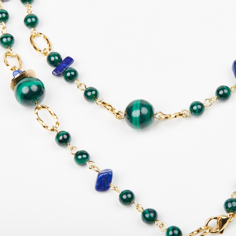 Бусы микс лазурит, малахит (биж. сплав позолота, сталь хир. позолота) длинные 82 см
