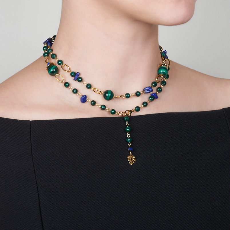 Бусы микс лазурит, малахит (биж. сплав позолота, сталь хир. позолота) длинные 82 см
