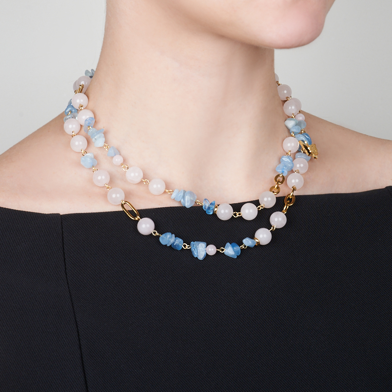 Бусы микс аквамарин, розовый кварц (сталь хир.) длинные 97 см