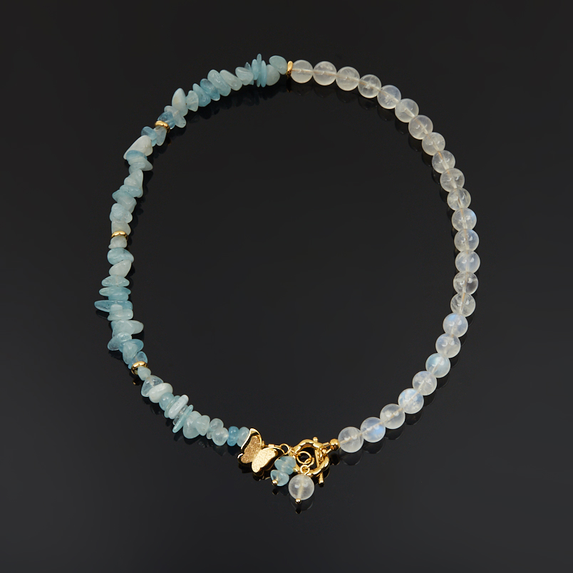Бусы микс аквамарин, лунный камень (сталь хир. позолота) 8 мм 43 см