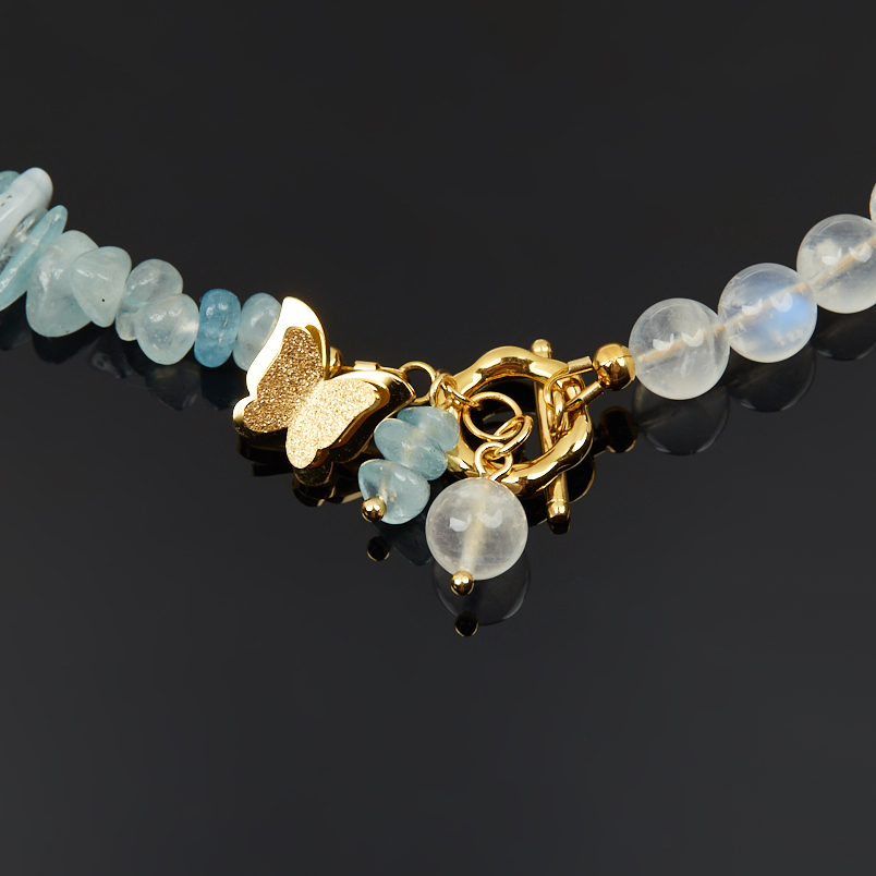 Бусы микс аквамарин, лунный камень (сталь хир. позолота) 8 мм 43 см