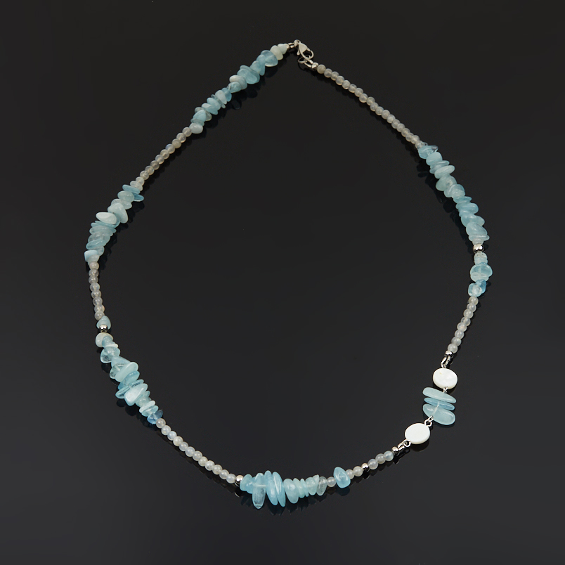 Бусы микс аквамарин, лабрадор, перламутр (сталь хир.) длинные 64 см