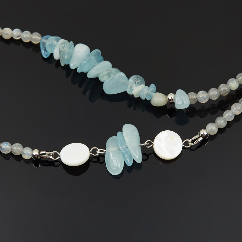 Бусы микс аквамарин, лабрадор, перламутр (сталь хир.) длинные 64 см