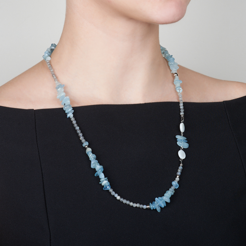 Бусы микс аквамарин, лабрадор, перламутр (сталь хир.) длинные 64 см