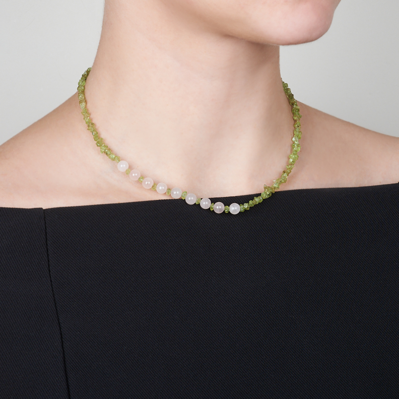 Бусы микс розовый кварц, хризолит (сталь хир.) 6 мм 44 см (+7 см)