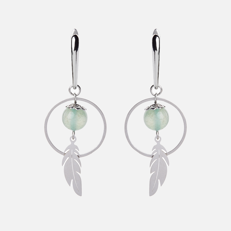 Серьги авантюрин зеленый Индия (сталь хир., биж. сплав родир. бел.)