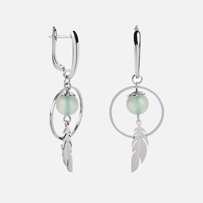 Серьги авантюрин зеленый Индия (сталь хир., биж. сплав родир. бел.)