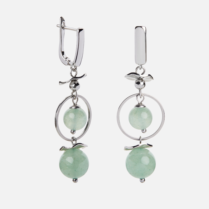 Серьги авантюрин зеленый Индия (сталь хир., биж. сплав родир. бел.)