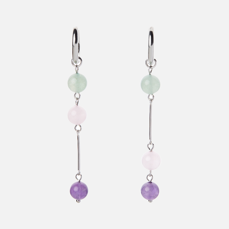 Серьги микс авантюрин, аметист, розовый кварц (сталь хир.)