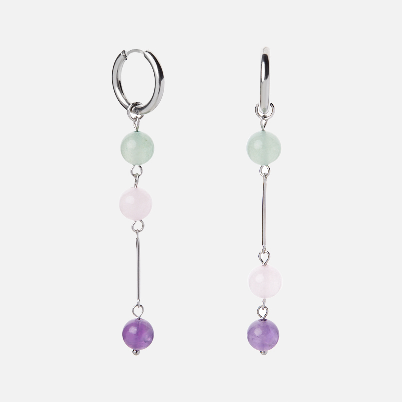 Серьги микс авантюрин, аметист, розовый кварц (сталь хир.)