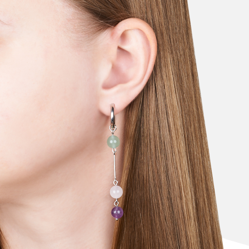 Серьги микс авантюрин, аметист, розовый кварц (сталь хир.)