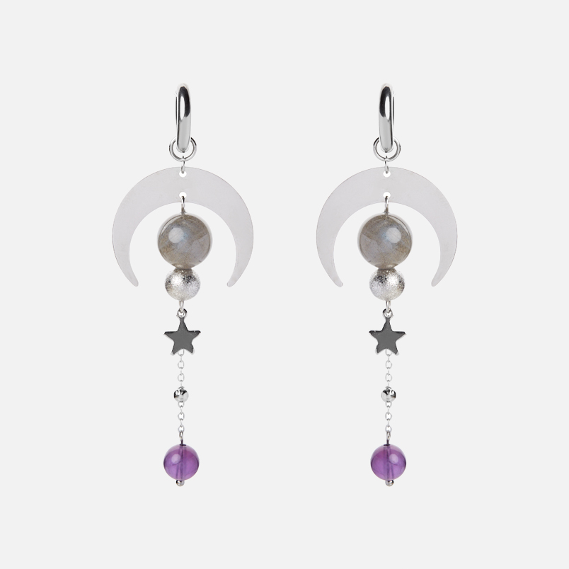 Серьги микс аметист, лабрадор (сталь хир.)