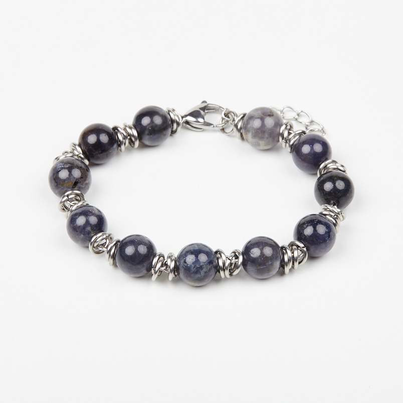 Браслет иолит (кордиерит) ЮАР 10 мм 16 см (+3 см) (сталь хир.)