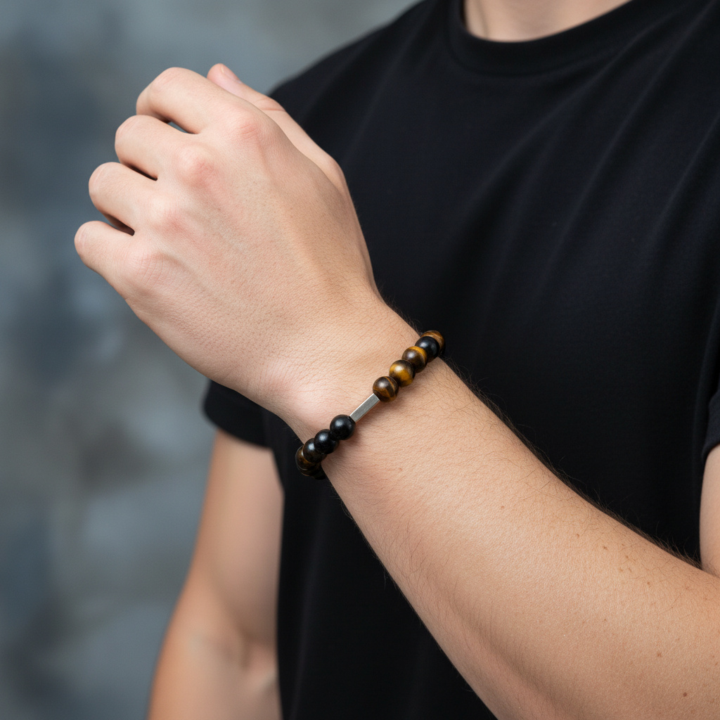 Браслет микс обсидиан, тигровый глаз (сталь хир.) 10 мм 20 см