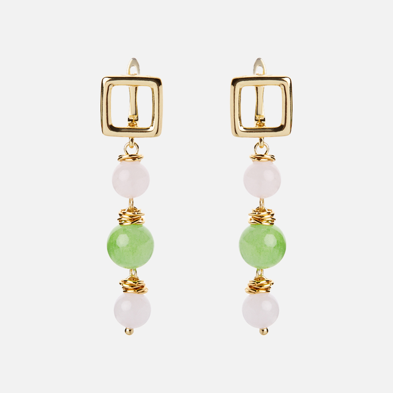 Серьги микс оникс, розовый кварц (биж. сплав позолота, сталь хир. позолота)