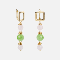 Серьги микс оникс, розовый кварц (биж. сплав позолота, сталь хир. позолота)