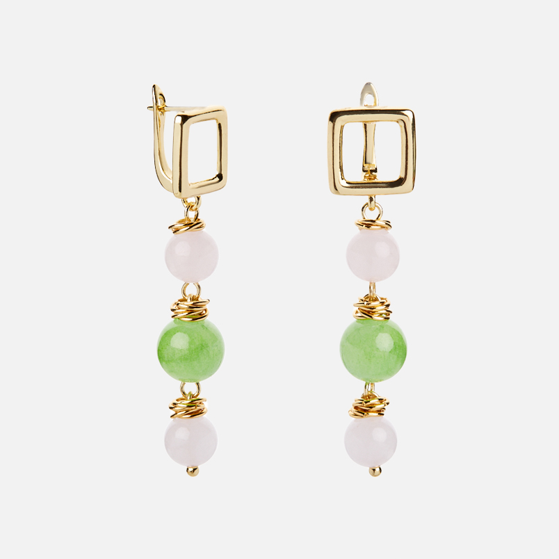 Серьги микс оникс, розовый кварц (биж. сплав позолота, сталь хир. позолота)