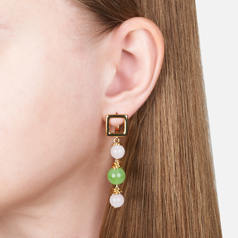 Серьги микс оникс, розовый кварц (биж. сплав позолота, сталь хир. позолота)