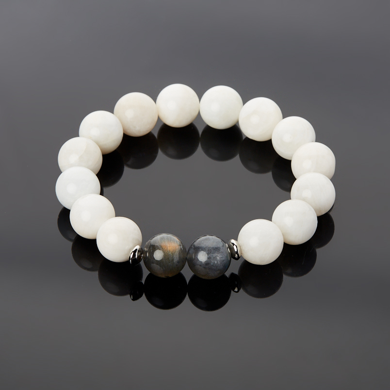Браслет лунный камень (адуляр) Индия (сталь хир.) 12 мм 17 см