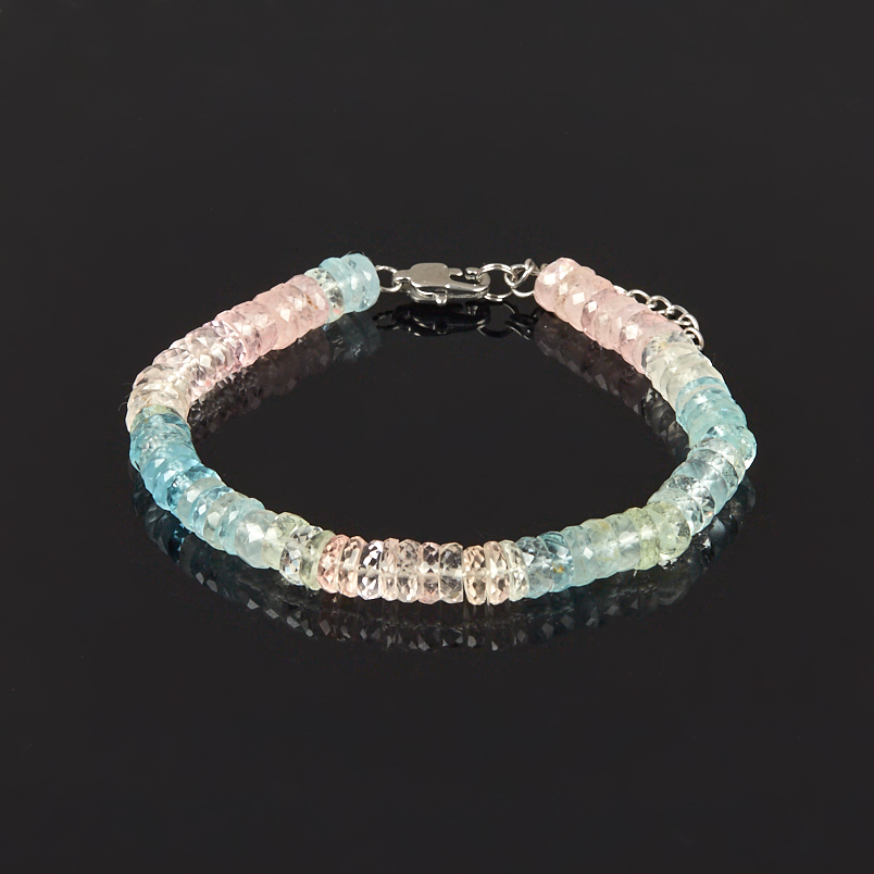 Браслет микс аквамарин, берилл огранка 6 мм 16 см (+3 см) (сталь)