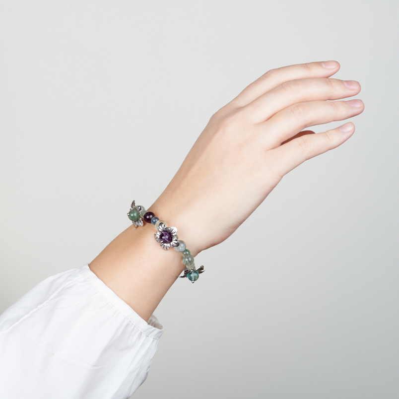 Браслет флюорит (сталь хир.) 8 мм 17 см (+3 см)