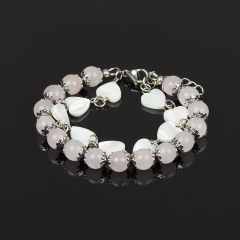 Браслет микс перламутр, розовый кварц (сталь хир.) 8 мм 17 см (+3 см)